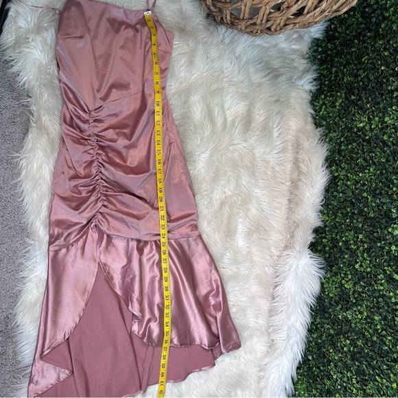 Lulus NWOT Perfect Occasion Dusty Rose Satin Ruched Tulip Midi Dress - Picture 11 of 16